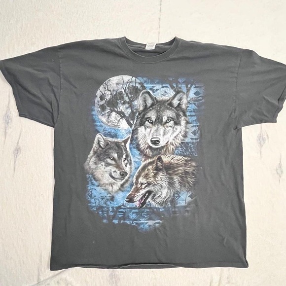 Fruit of the Loom Other - Vintage Wolf Graphic T-Shirt Men's 2XL Moon Wildlife Nature Tee Black FOTL